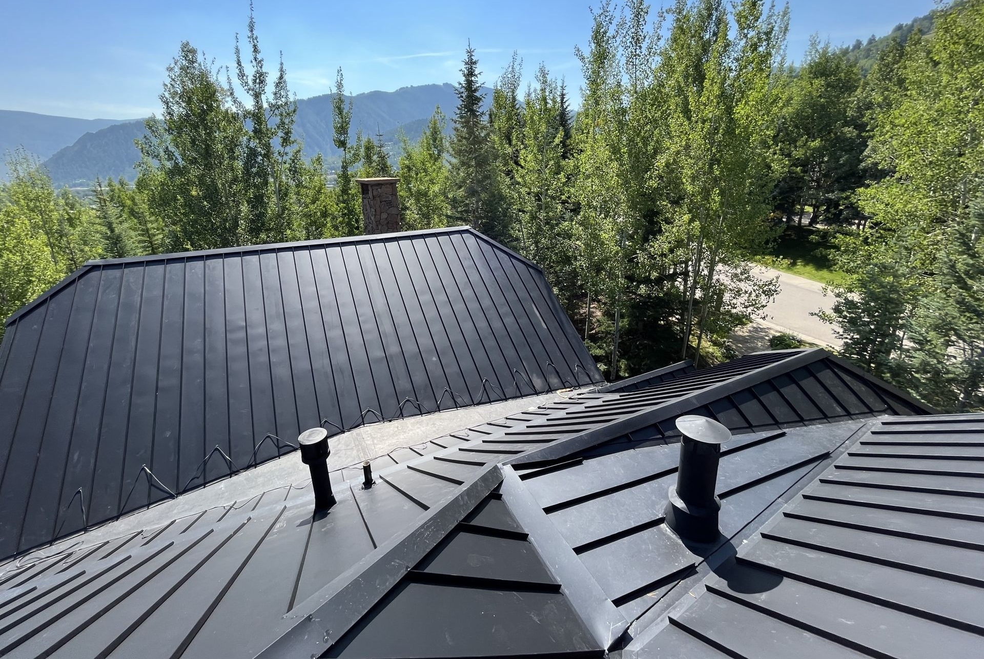 Black metal rooftops with vents overlooking trees and mountains under a clear blue sky