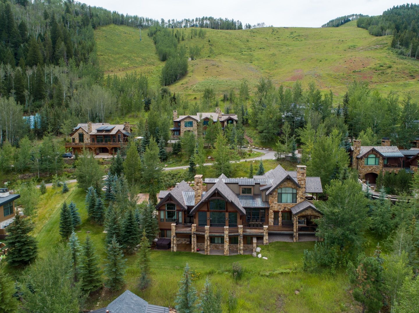 Cabins nestled in a green hillside forest under an overcast sky