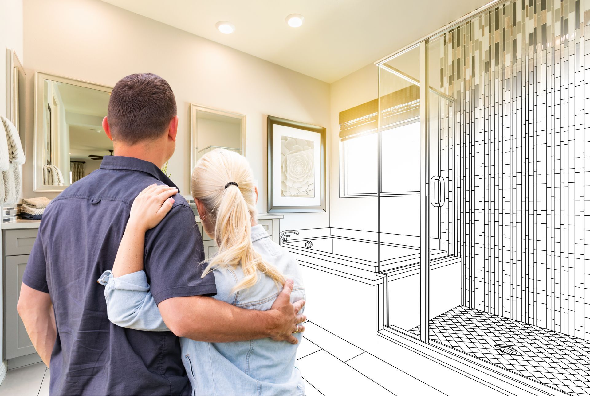 A couple facing a bathroom drawing graduating to a photo of a remodelled bathroom A couple facing a bathroom drawing graduating to a photo of a remodelled bathroom