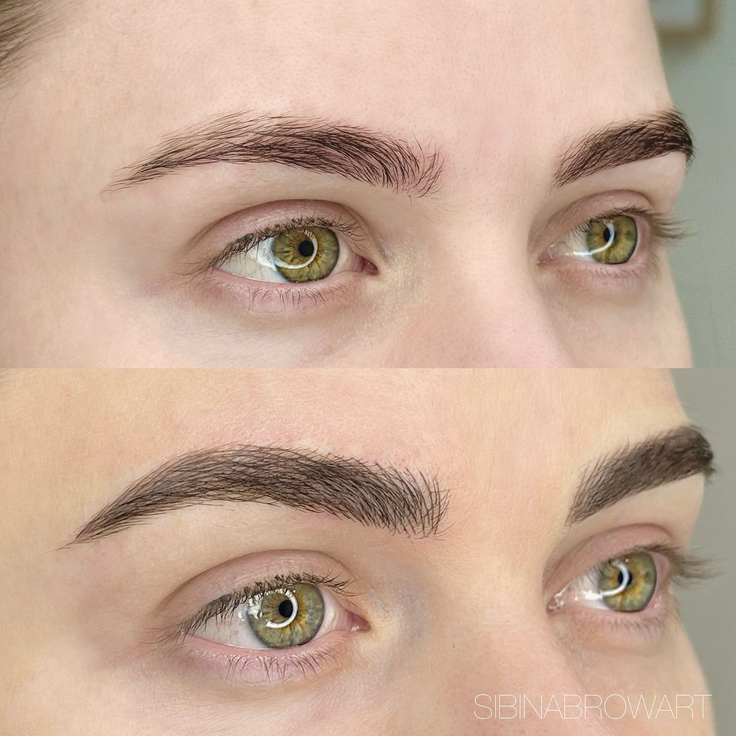 Close-up of green eyes with dark, shaped eyebrows before and after grooming