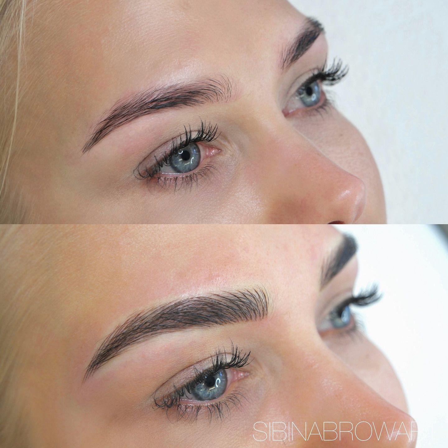 Close-up of brows before and after microblading, showing fuller, darker eyebrow shaping