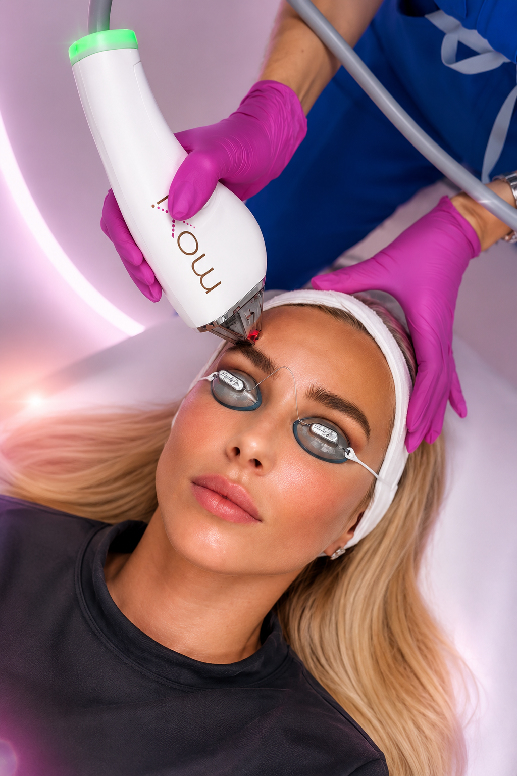 Woman receiving a facial treatment with a handheld device in a spa setting