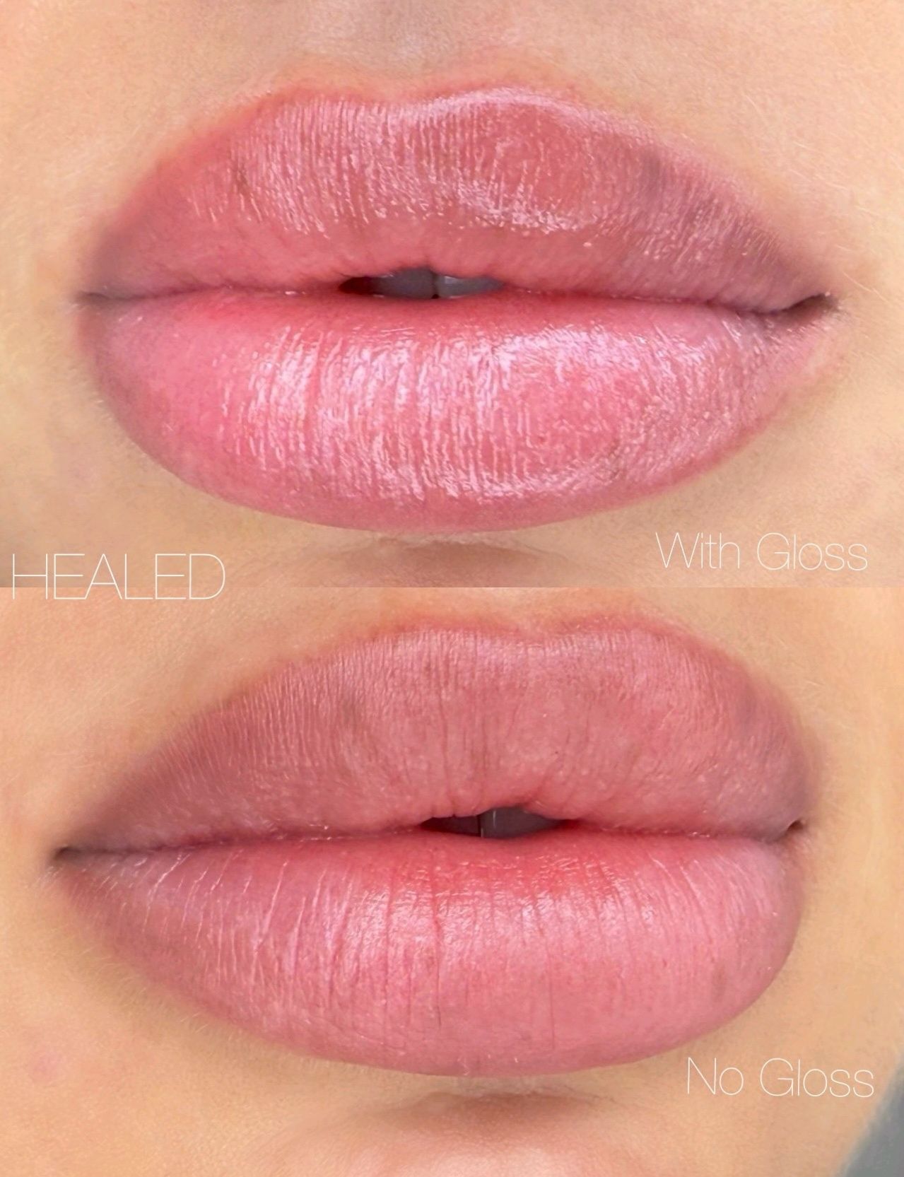 Two close-up lip swatches showing a pink nude lipstick with and without gloss.