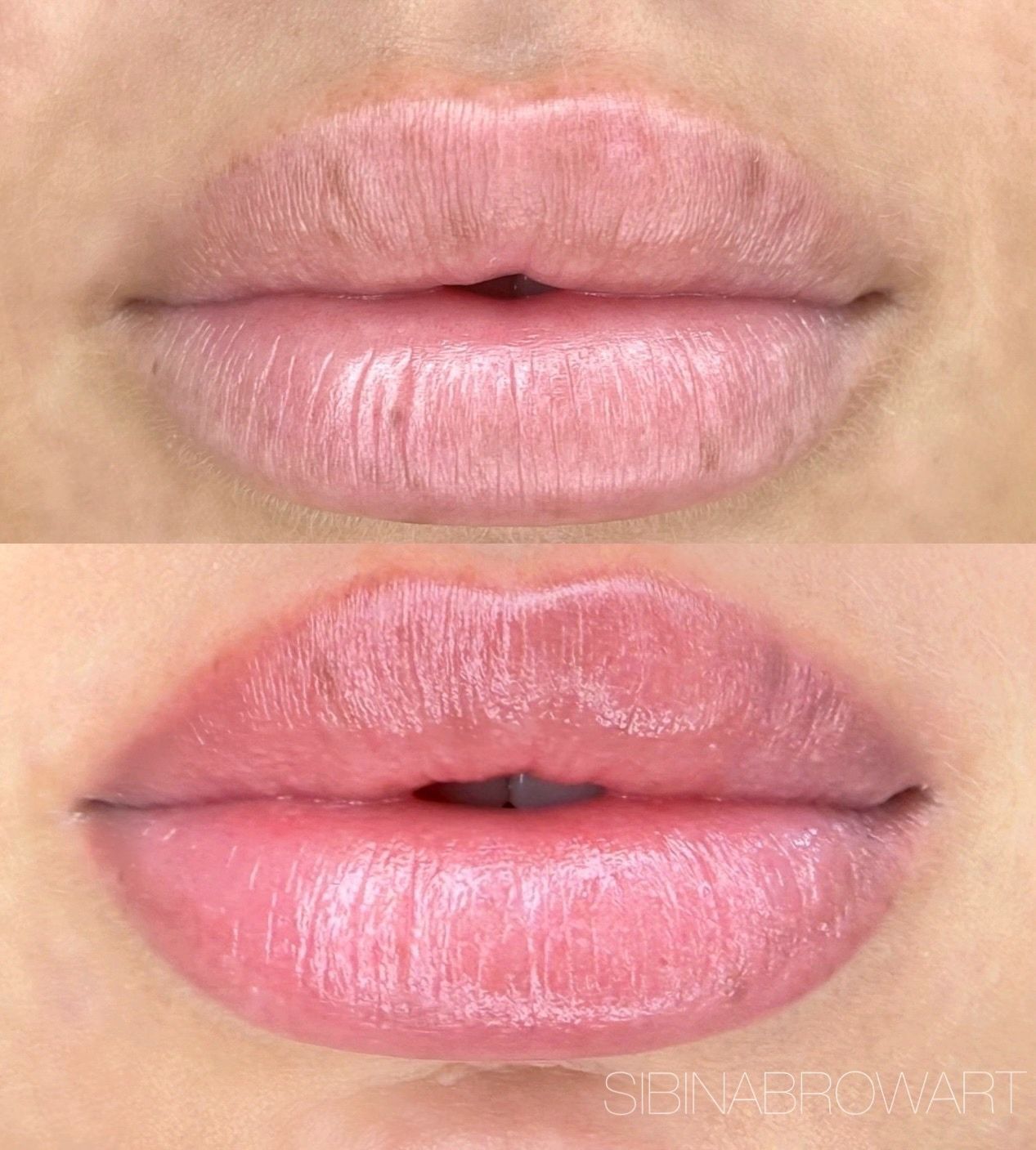 Close-up of pink glossy lips before and after makeup application.