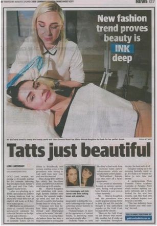 A woman is getting a tattoo on her face in a newspaper article — Sibina Cosmetic Tattoo Art In Broadbeach, QLD