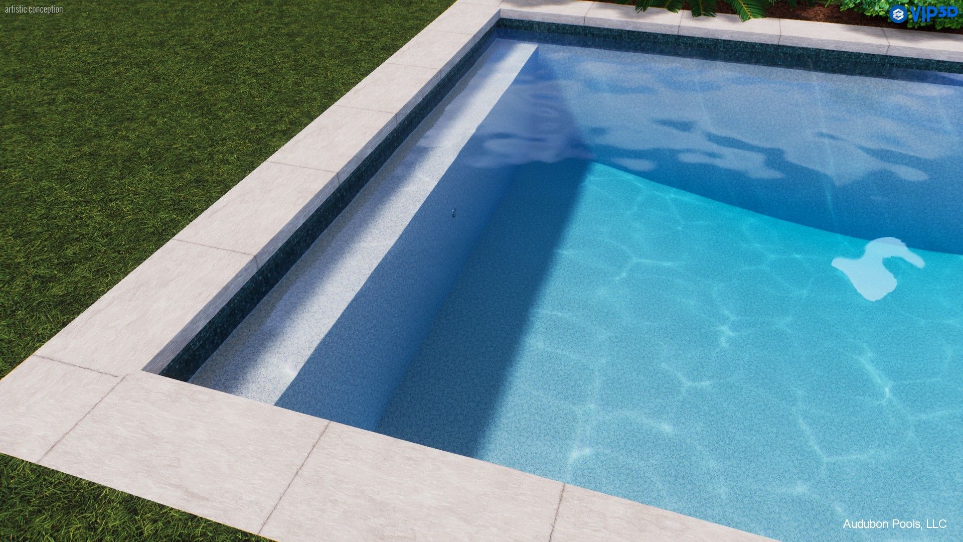 Swimming pool with steps. Light blue water. White stone edging, green grass nearby.