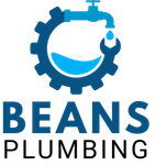 Blue BEANS Plumbing logo with gear, faucet, and water droplet icon