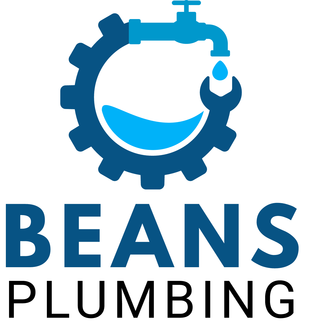 Blue BEANS Plumbing logo with gear, faucet, and water droplet icon