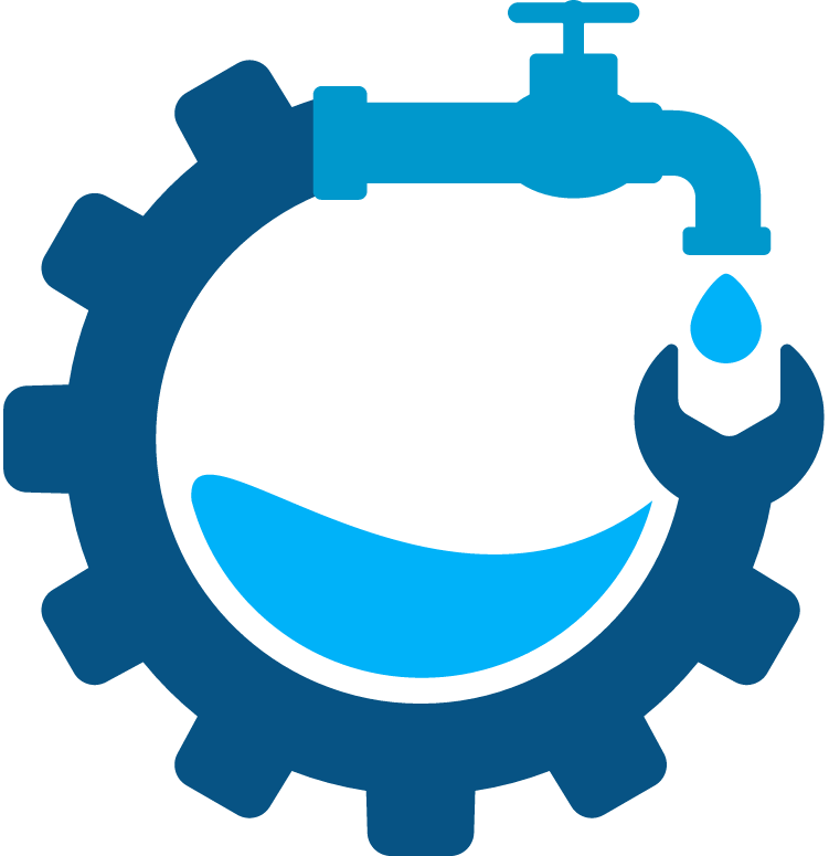 Blue water gear logo with faucet, wrench, and droplet over a smiling water level icon