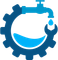 Blue water gear logo with faucet, wrench, and droplet over a smiling water level icon