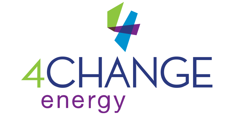 Logo of 4CHANGE energy, with geometric shapes above the text in green, blue, purple.