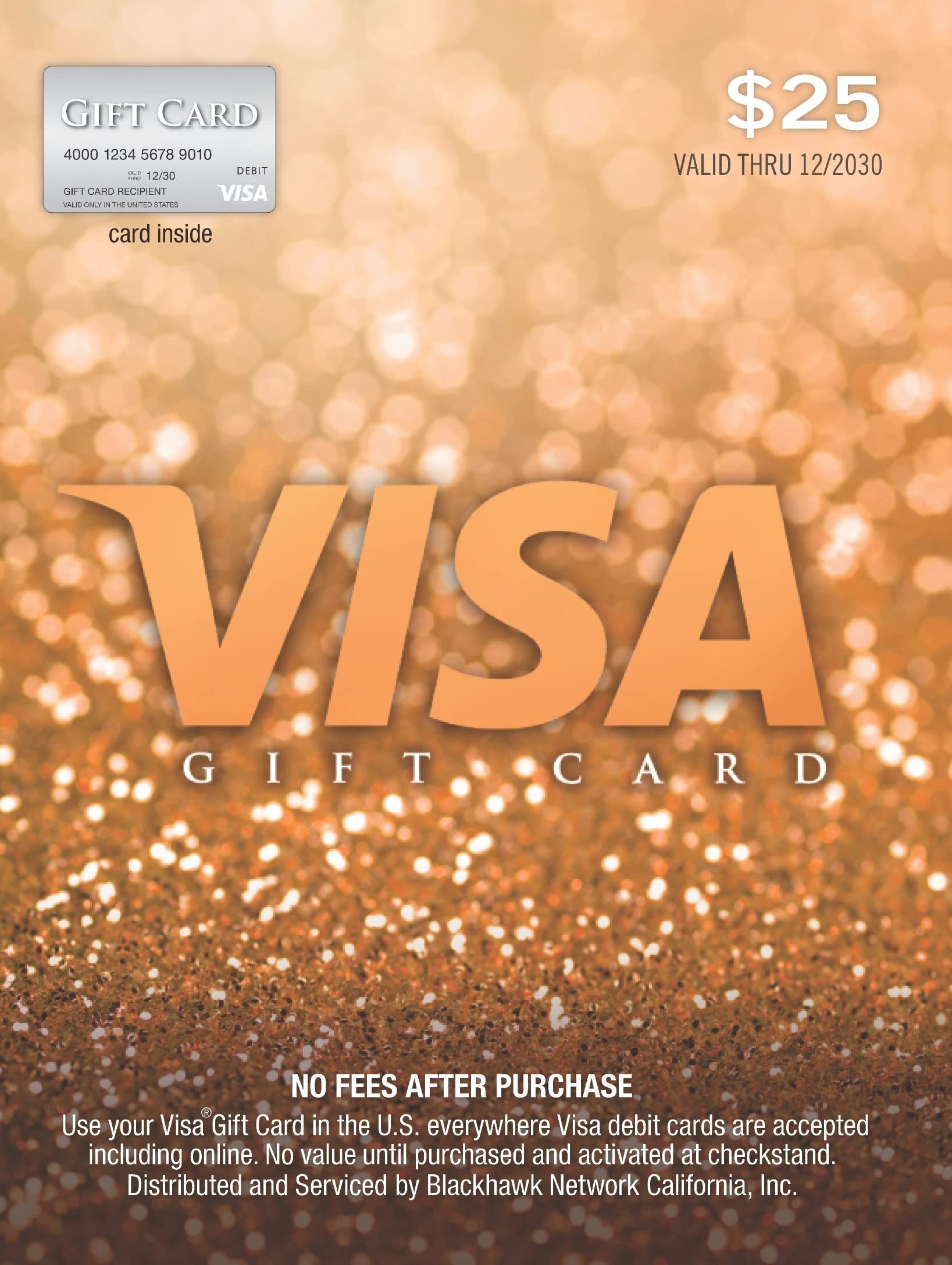 Visa gift card with $25 value, white text on orange glitter background, with