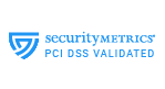 Blue logo for securityMETRICS, PCI DSS validated.