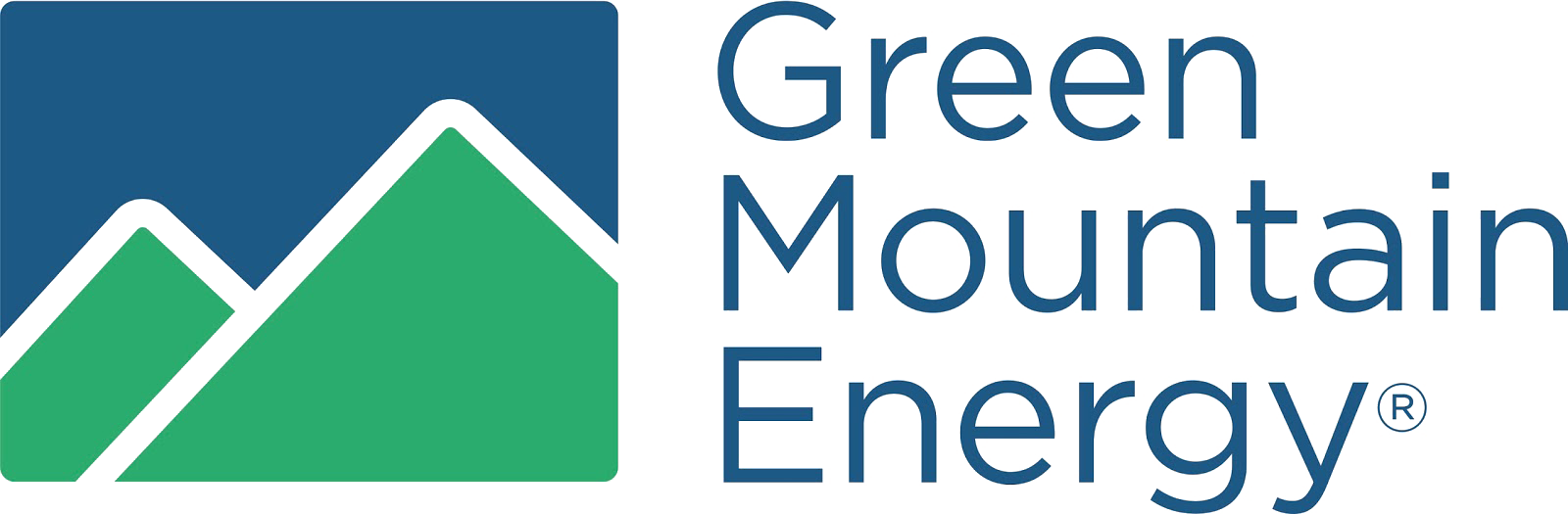Logo for Green Mountain Energy: mountains in green and blue with the text 