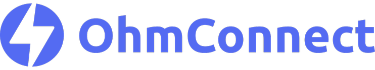 OhmConnect logo: A blue circle with a white lightning bolt, and blue text 