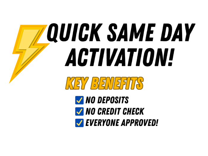 Yellow lightning bolt icon with bold black text: “Quick Same Day Activation!” and key benefits listed below.