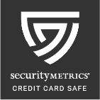 SecurityMetrics credit card safe logo: white shield icon on black background.