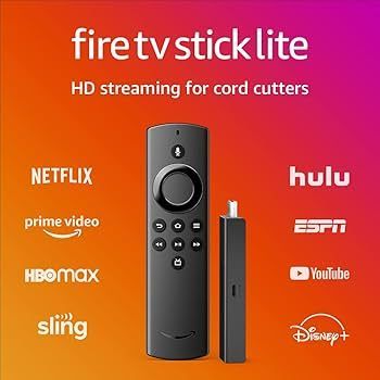 Fire TV Stick Lite with remote, streaming apps logos: Netflix, Hulu, Disney+, and others.
