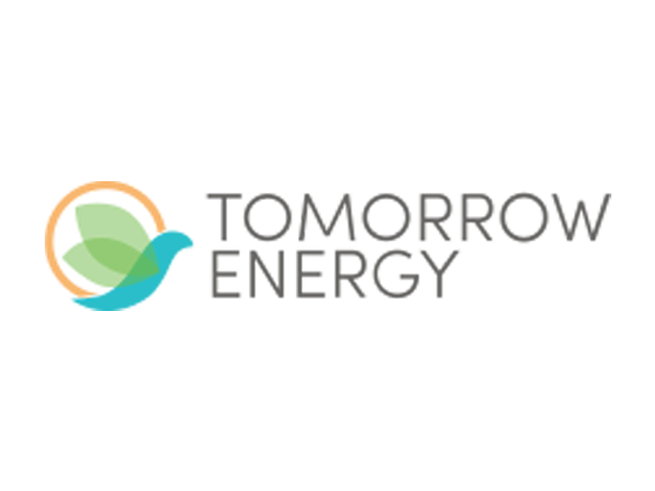 Logo for Tomorrow Energy. Bird with green leaves in an orange circle to the left of the text 
