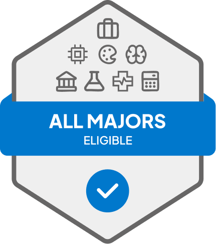 Badge with blue banner: 