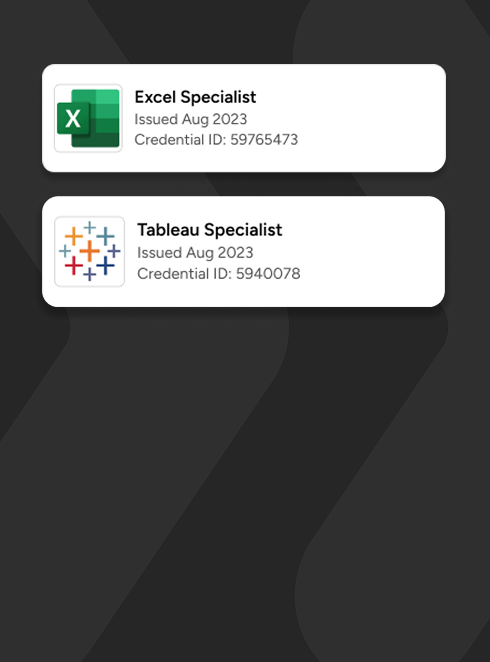Two cards, "Web Analytics" for Grammy's and "Sustainability" for Intel, on a blurred colorful background.