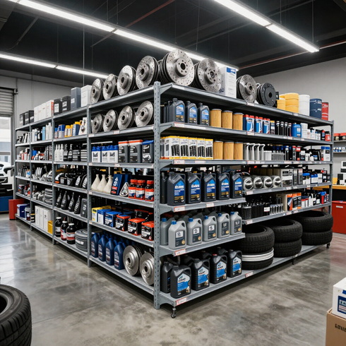 Pasillo de una tienda de repuestos para automóviles con neumáticos apilados, llantas y estantes.