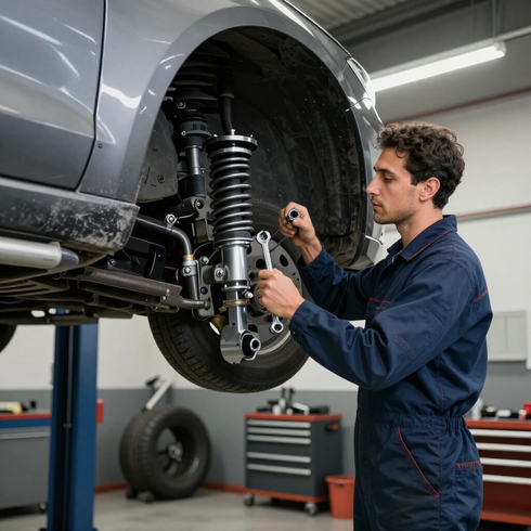 Mecánico inspeccionando la suspensión de un automóvil en un taller de reparación de automóviles.