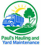 Paul’s Hauling and Yard Maintenance logo with blue dump truck, green mower, tree, and sun.