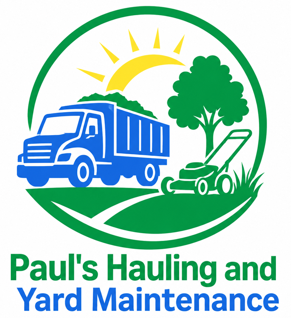 Paul’s Hauling and Yard Maintenance logo with blue dump truck, green mower, tree, and sun.