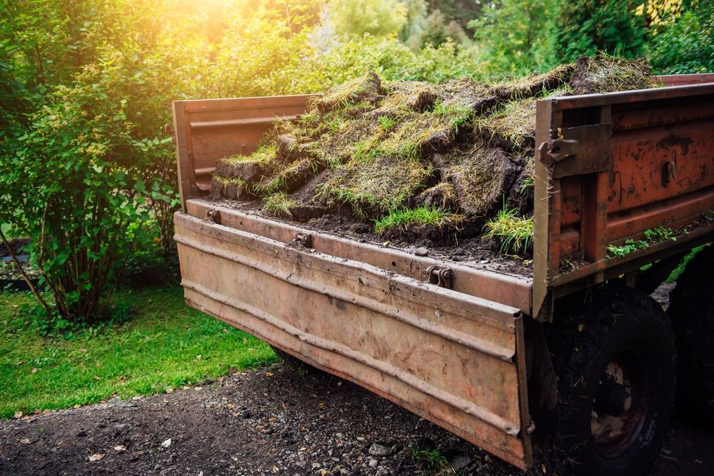 Rusty dump truck loaded with soil and grass beside a sunlit garden path