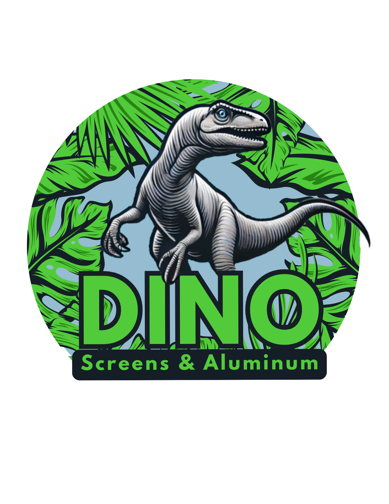 Logo featuring a grey raptor dinosaur with a green background and the word "DINO" and the text "Screens & Aluminum".