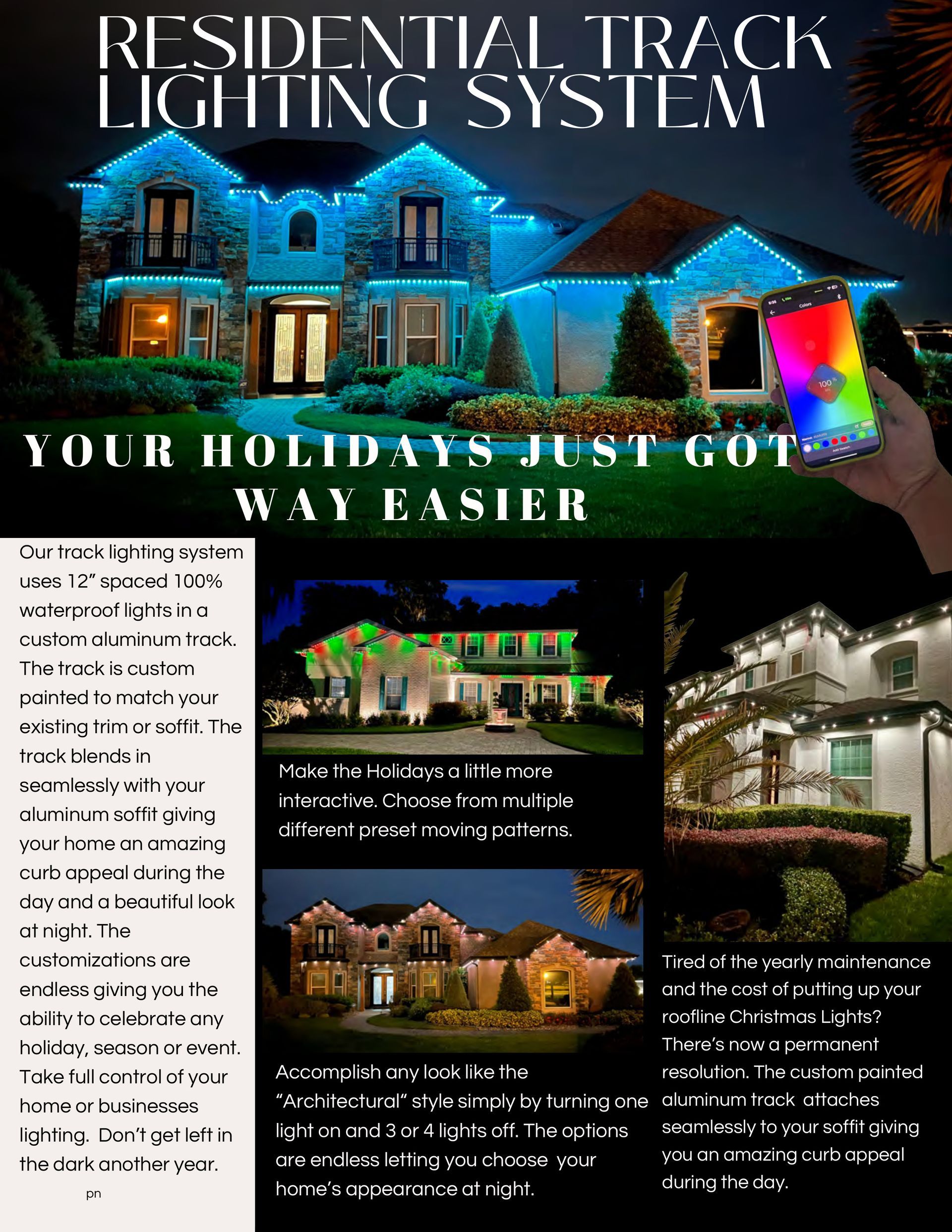Residential home track lighting system; colorful holiday lights controlled by a smartphone app.