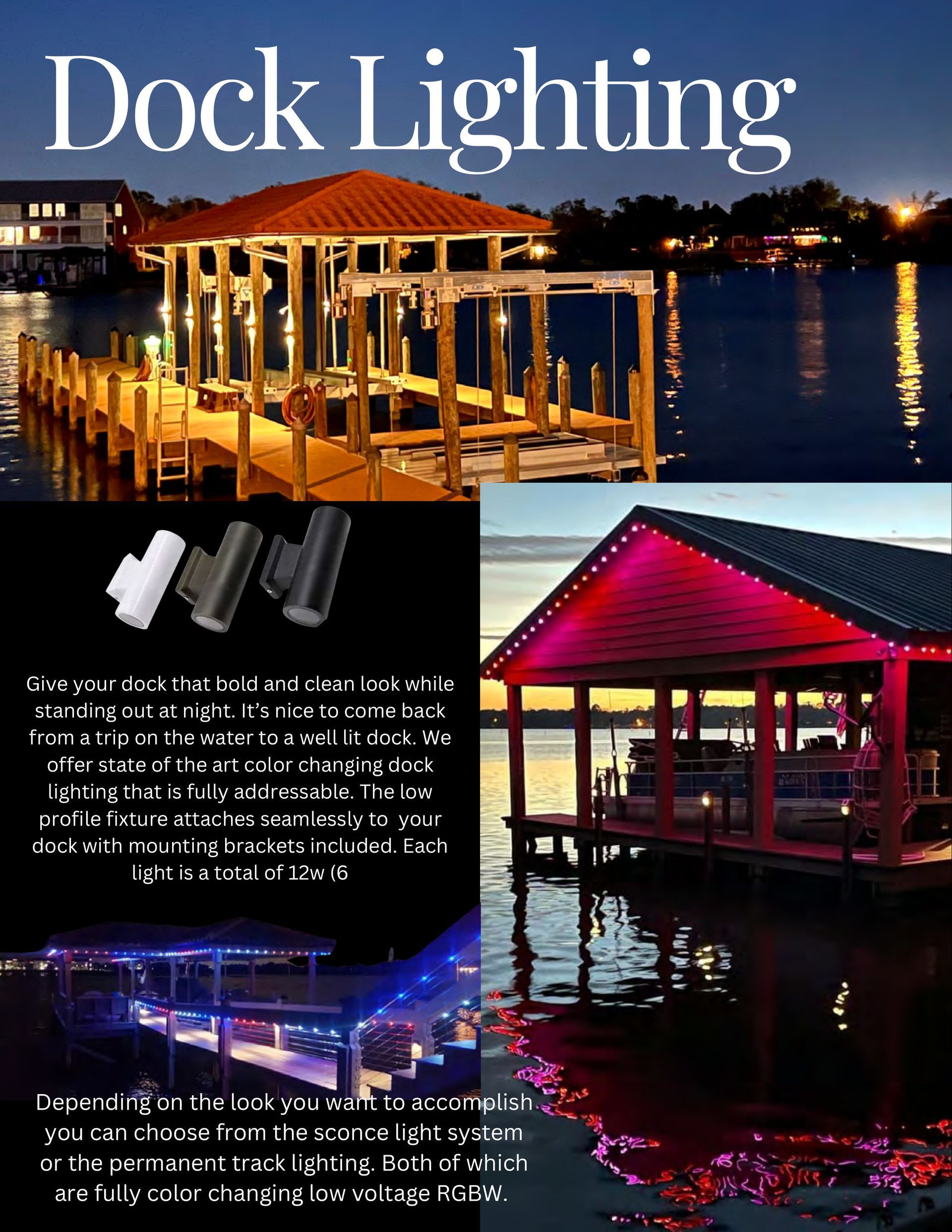 Dock lighting examples with various colored lights on docks and a product sample.
