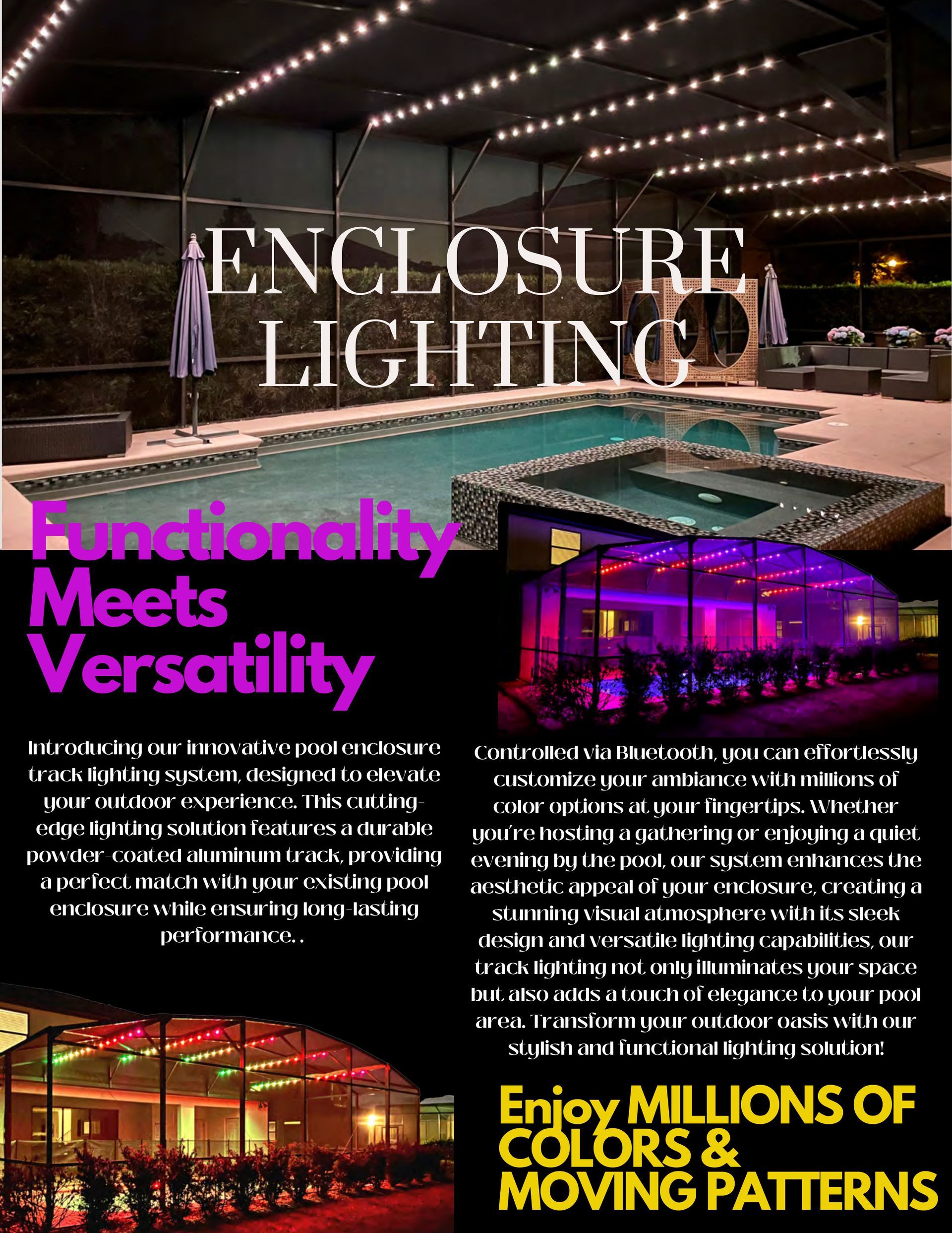 Enclosure lighting showcasing a pool area and event space with colorful LED illumination for functionality and versatility.