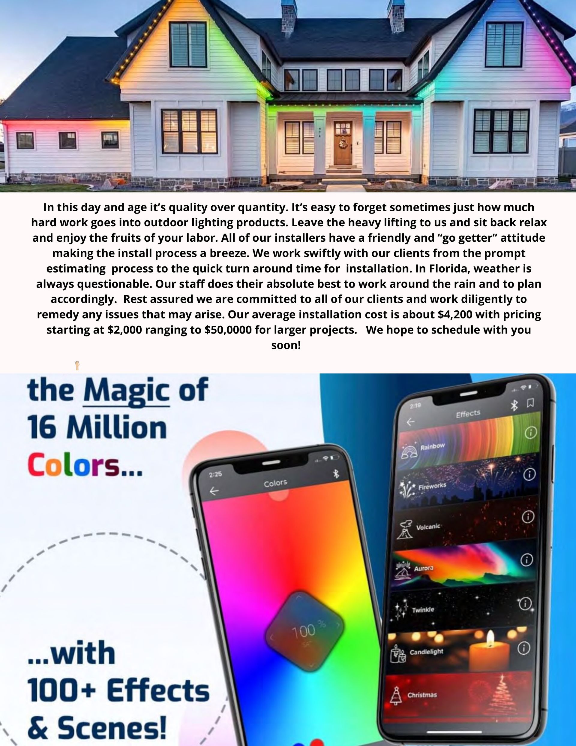 House with colorful LED lights, app showing 16 million colors and 100+ effects.