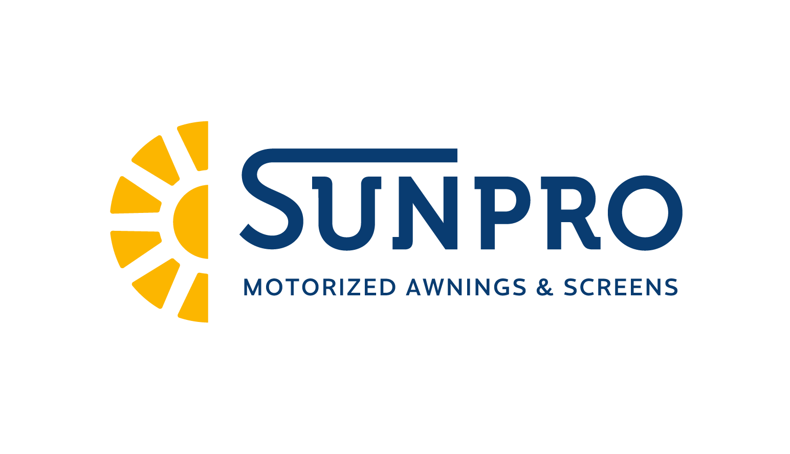 Sunpro logo with yellow sun icon and blue text, “Motorized Awnings & Screens”