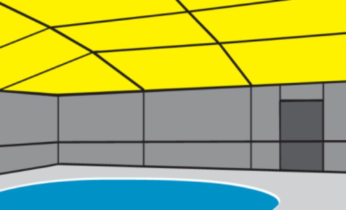 Indoor pool with blue water, gray walls, yellow ceiling, and a dark door.