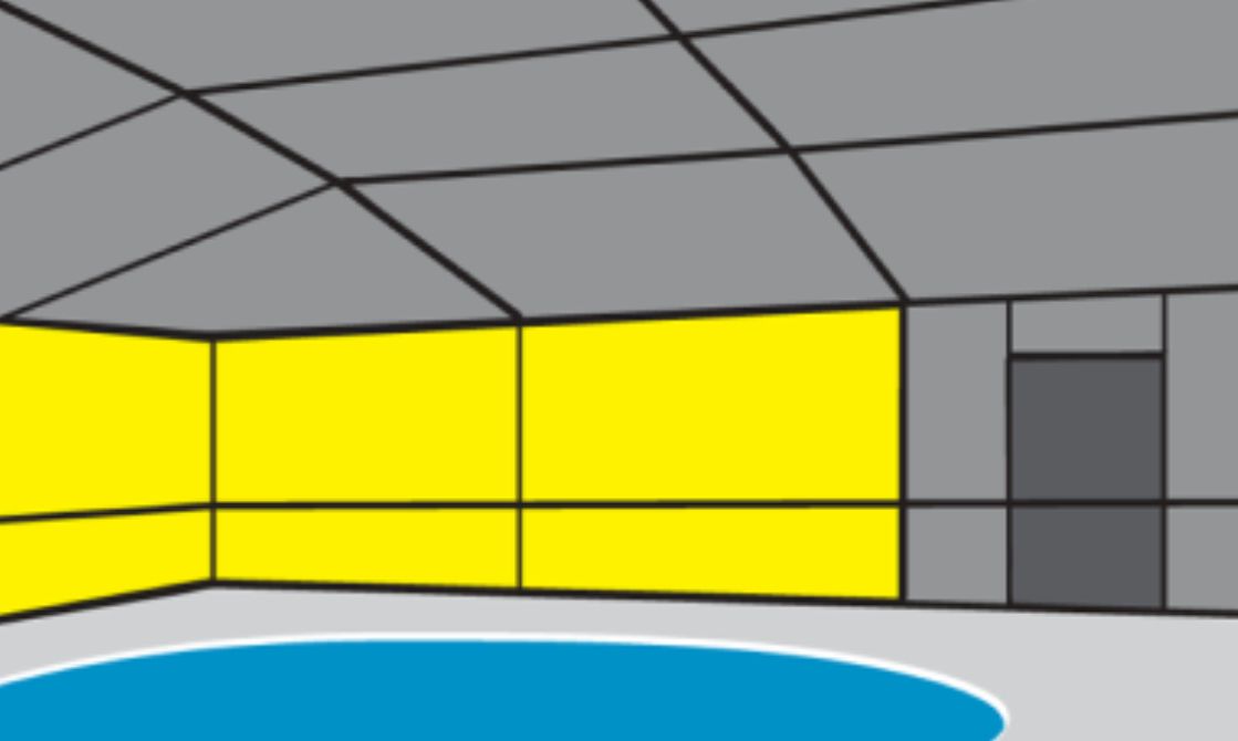 Yellow walls inside a gray, angular room with a blue circle on the floor. A gray door is present.
