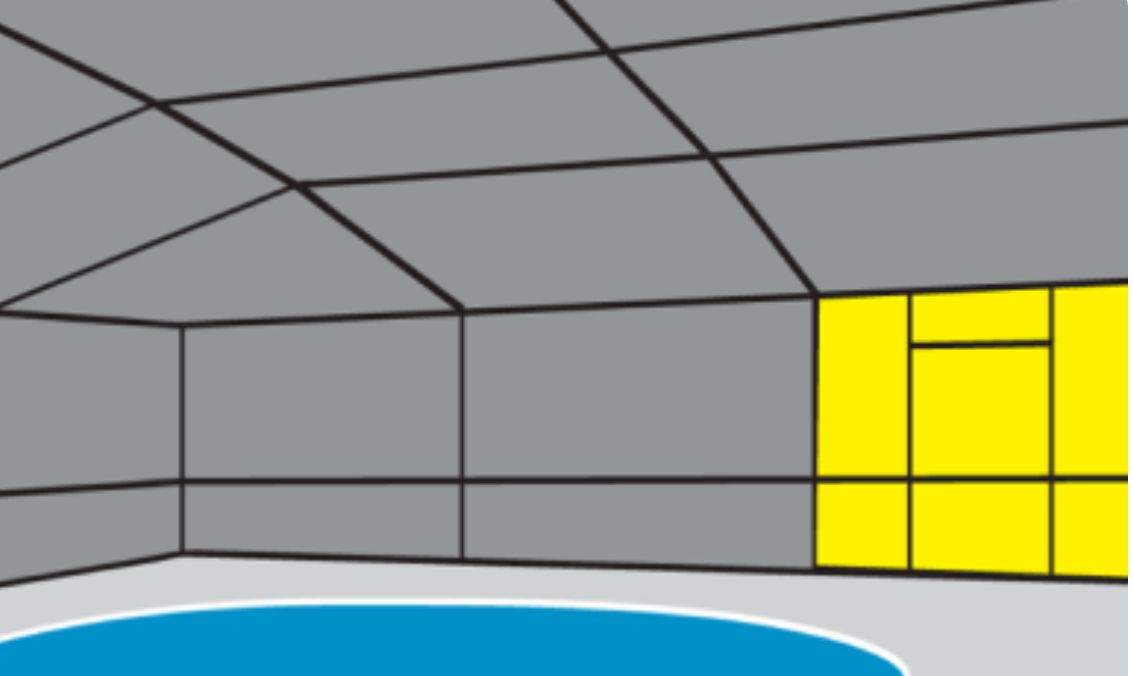 Indoor space with grey walls, yellow accent panels, and a blue floor area.