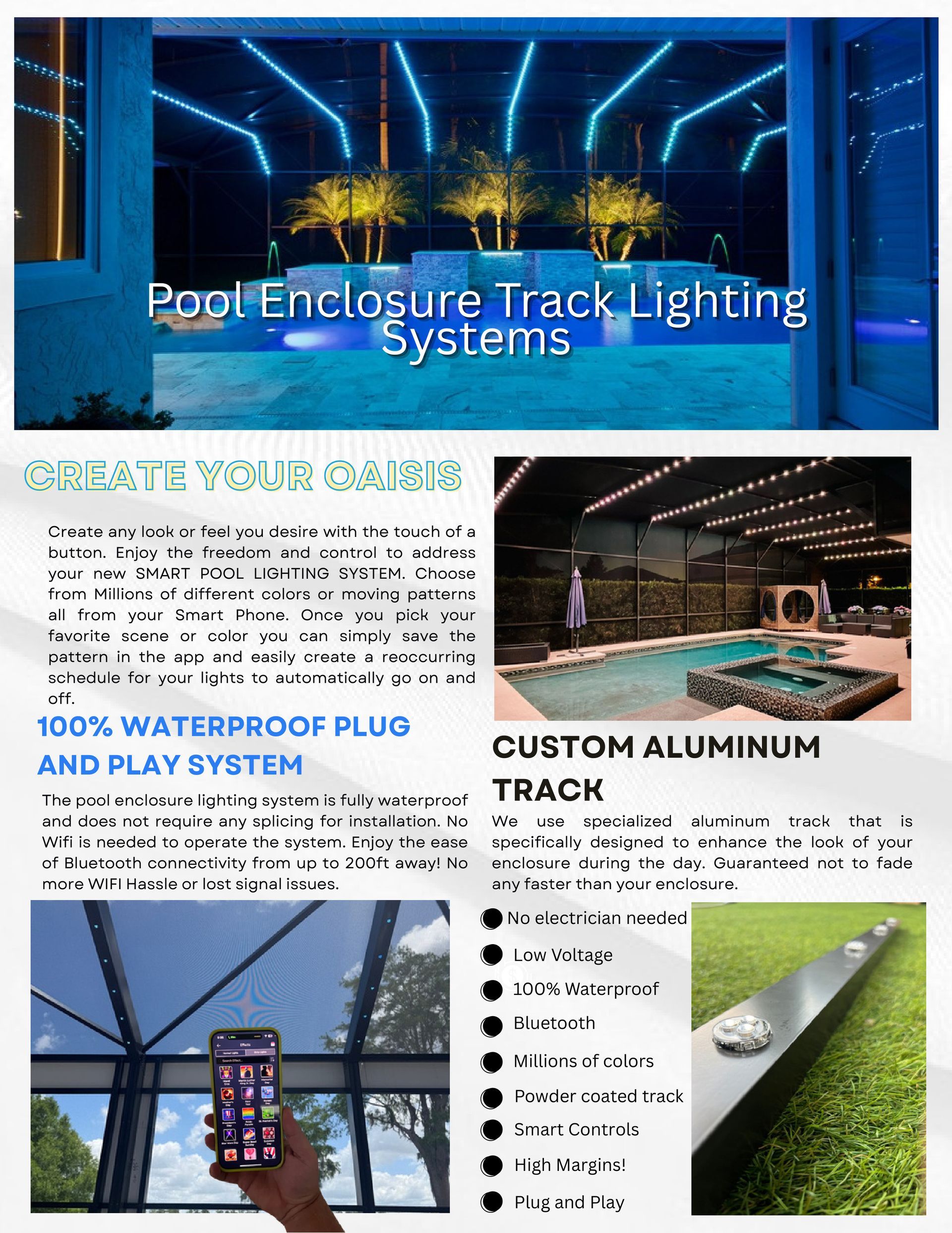 Advertisement for pool enclosure track lighting systems, with text and photos of illuminated pools.