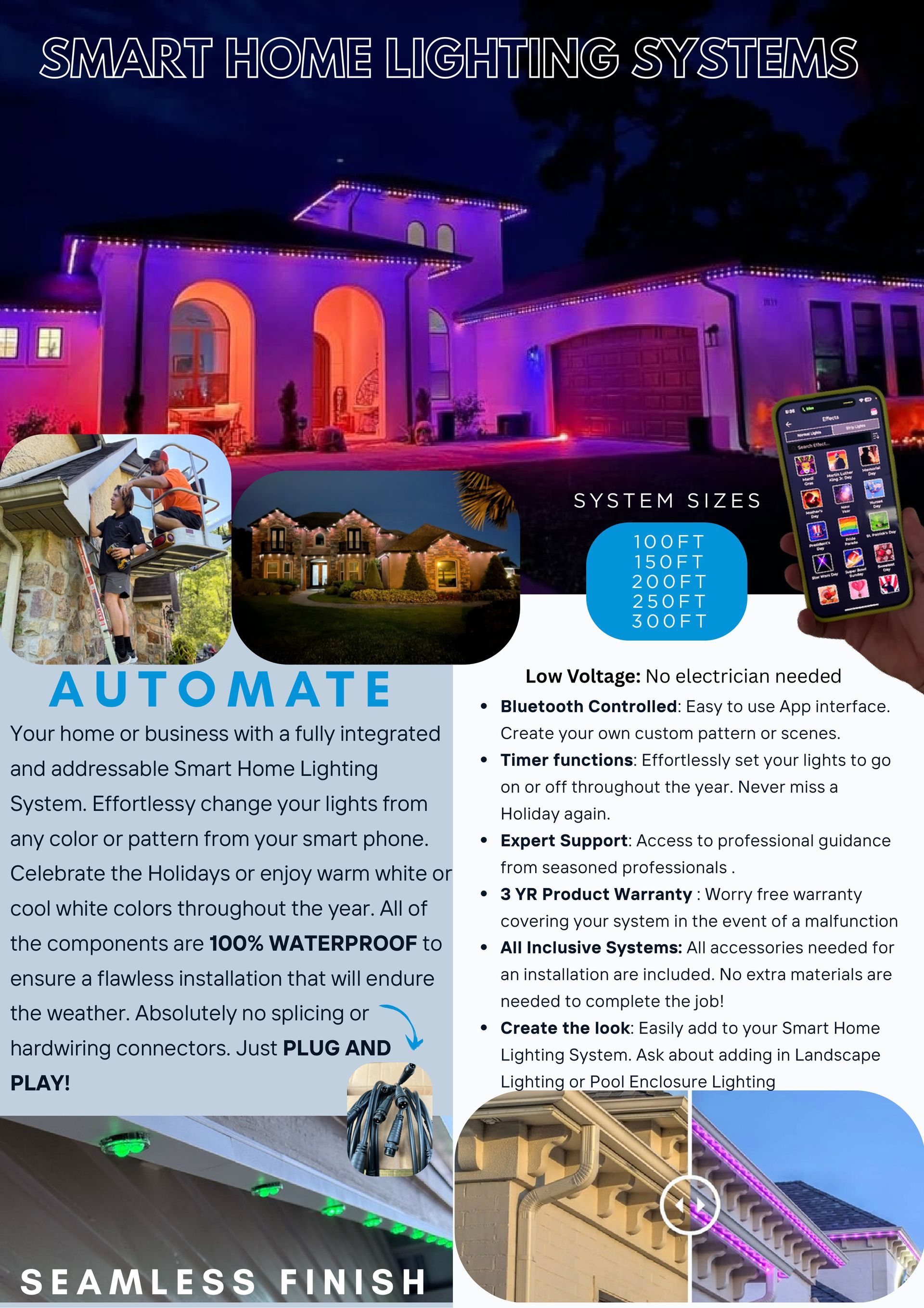Advertisement for outdoor smart lighting system: lights on house, app control, installation.