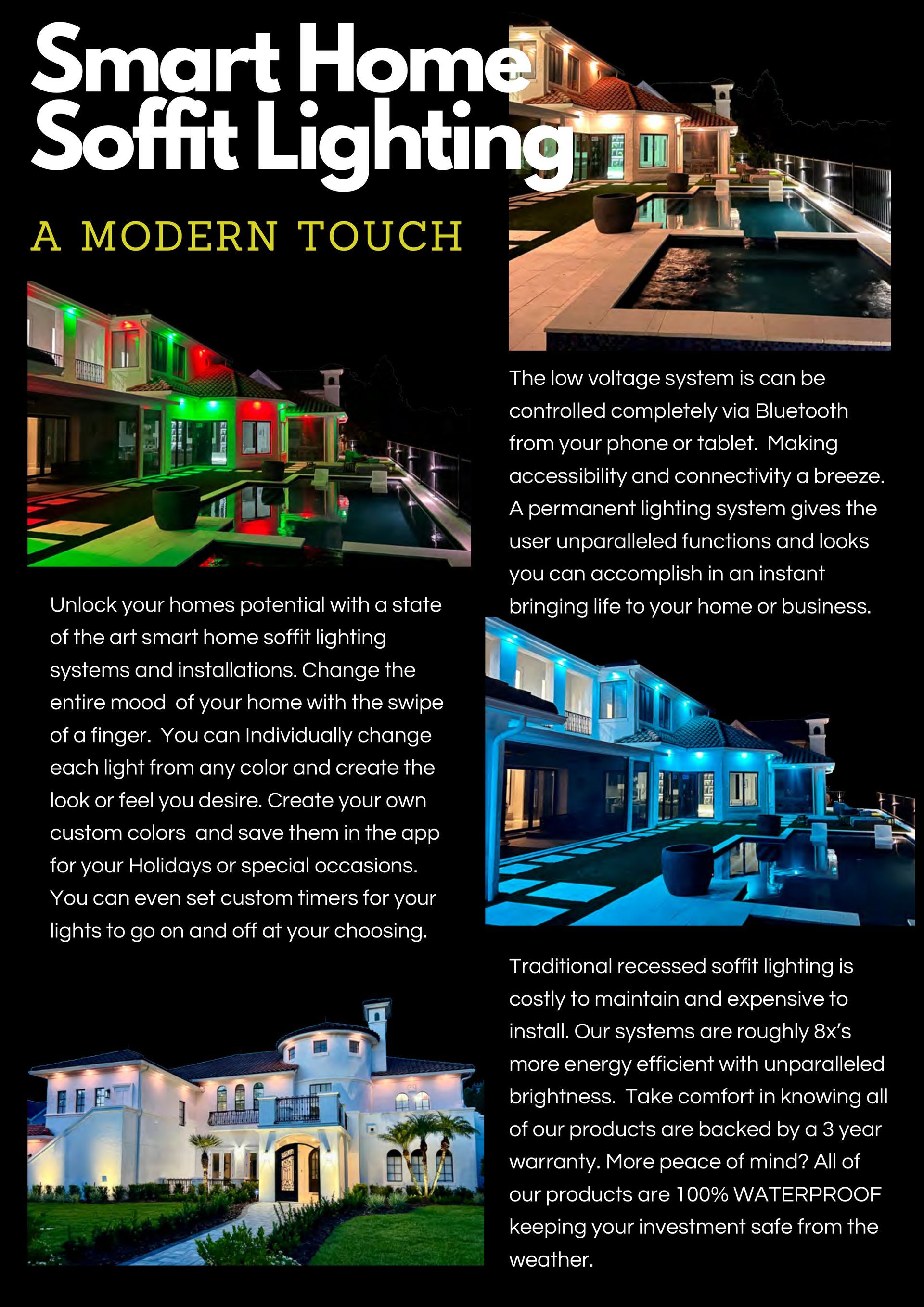 Smart home soffit lighting: Illuminated houses at night with various colored lights.