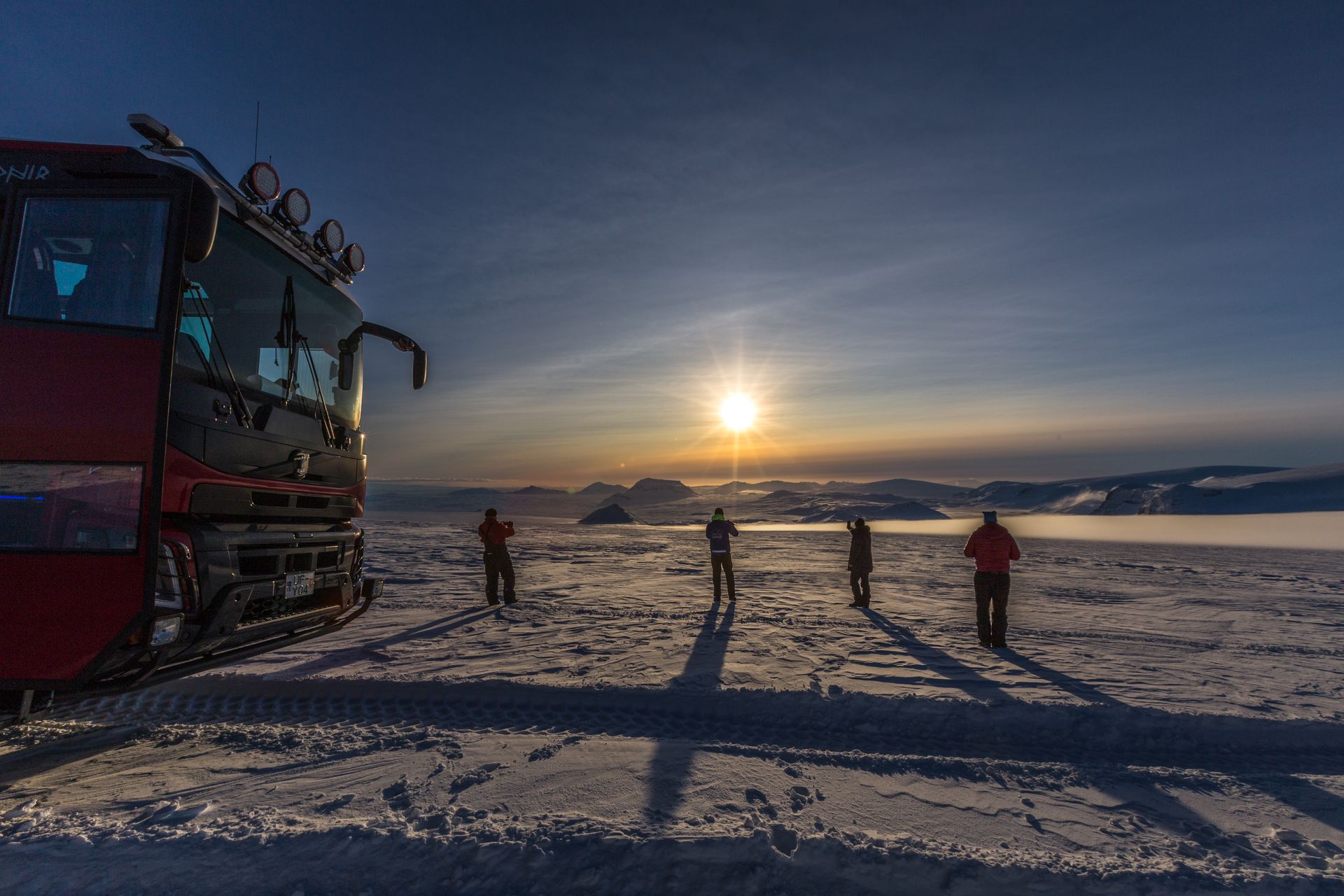 View of a winter sunset above Mt Jarlhetta and Langjökull glacier