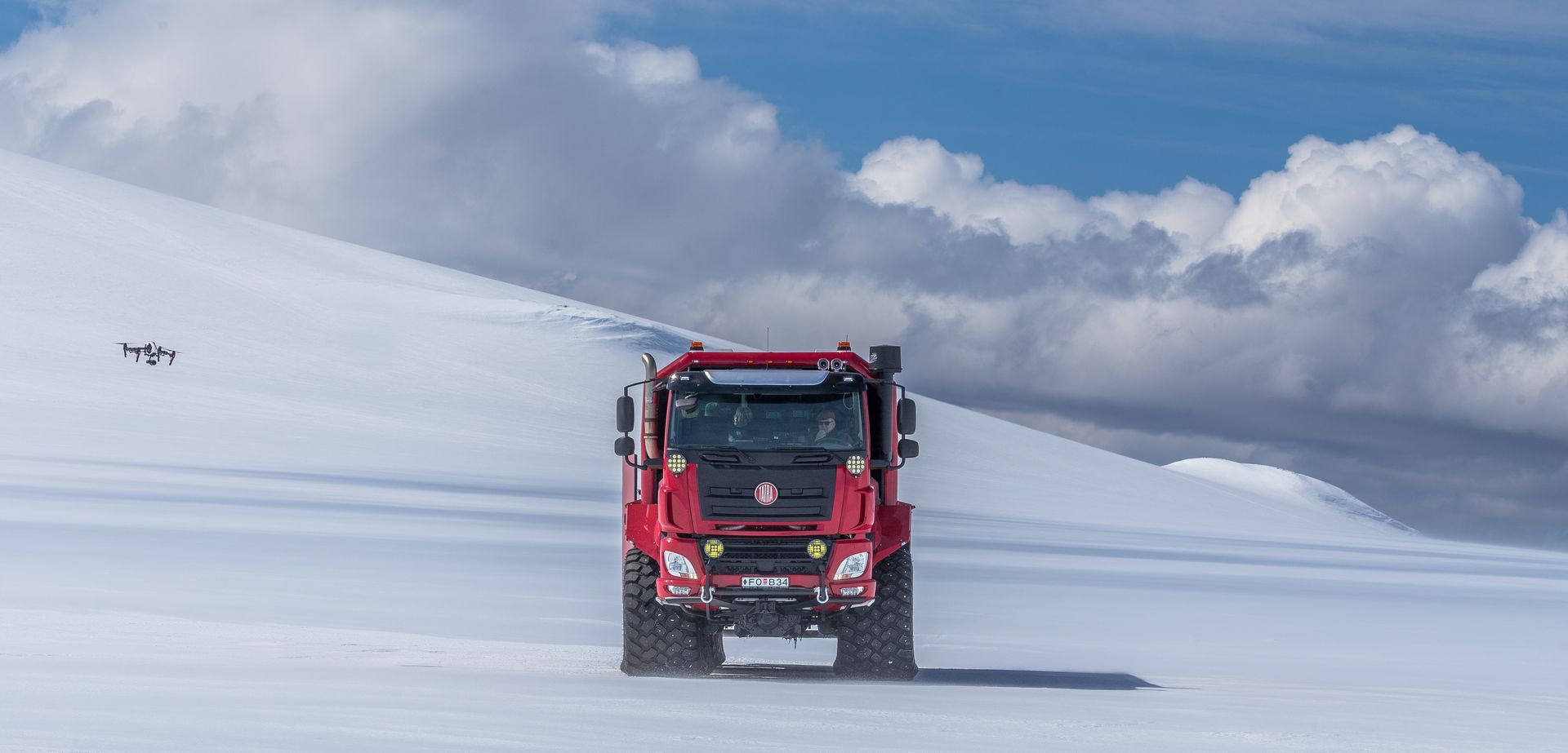 Sleipnir monster glacier truck driving across the snow-covered Langjökull Glacier in Iceland