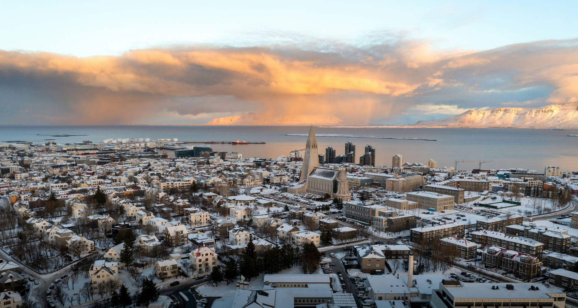 Aerial view of snow-covered Reykjavík during winter in Iceland.