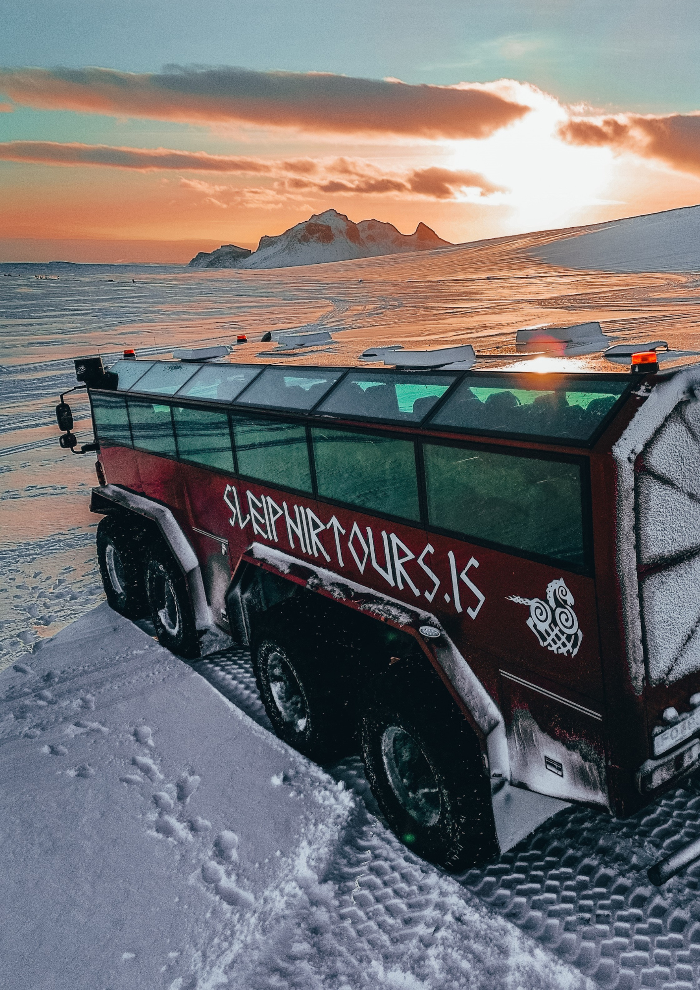 View of a winter sunset above Mt Jarlhetta and Langjökull glacier