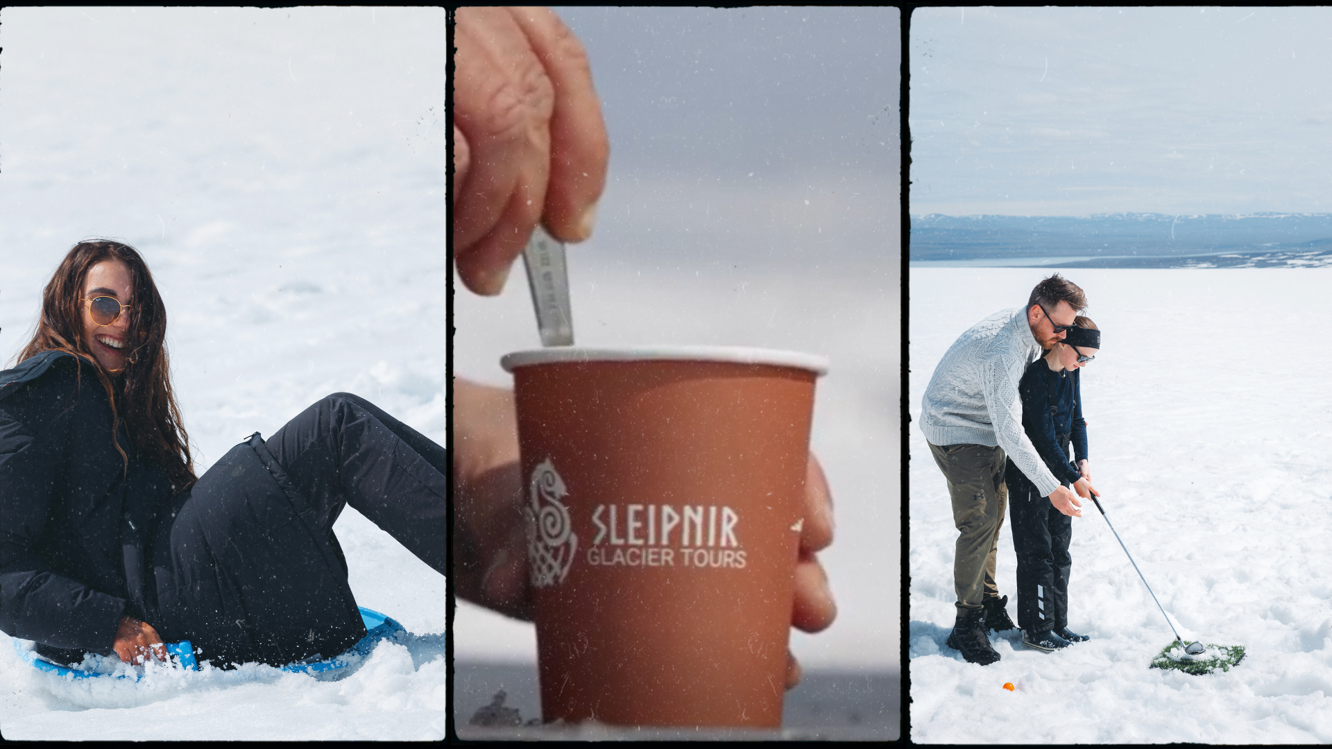 guests having fun sledding, playing glacier golf and drinking hot cocoa