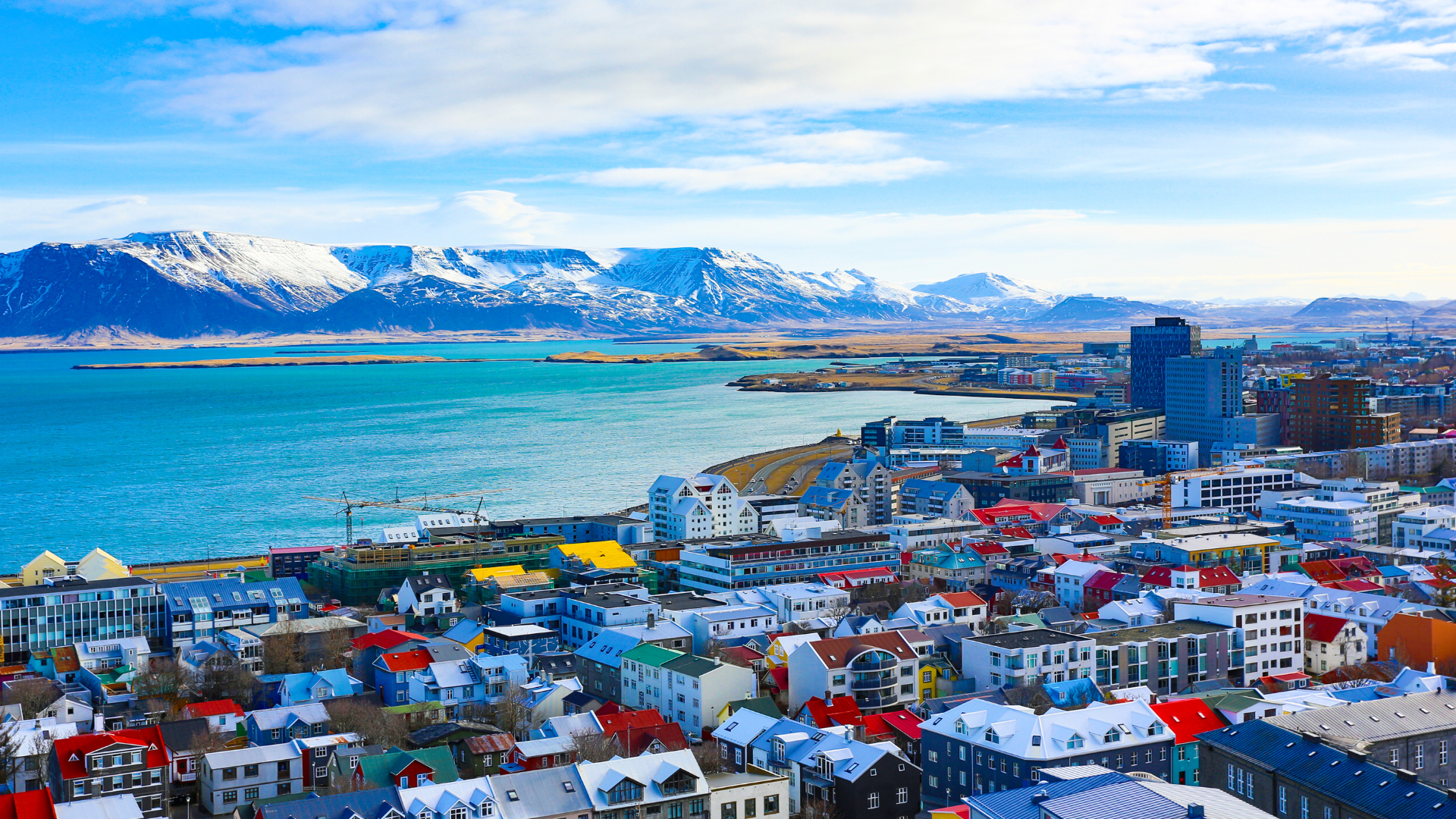 Aerial view of Reykjavik with Mount Esja in the background