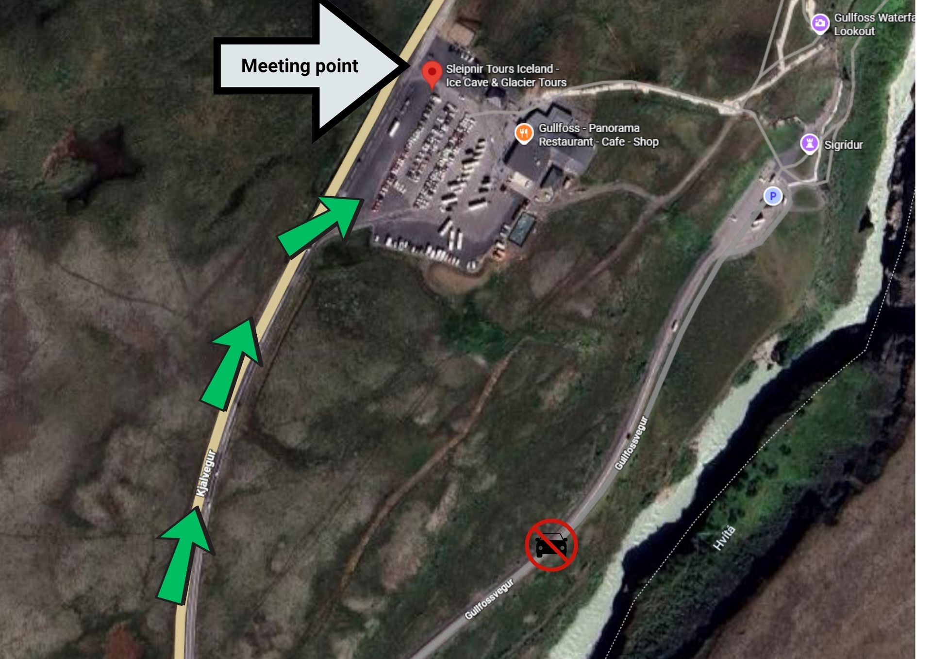 The meeting point map at Gullfoss waterfall Cafe