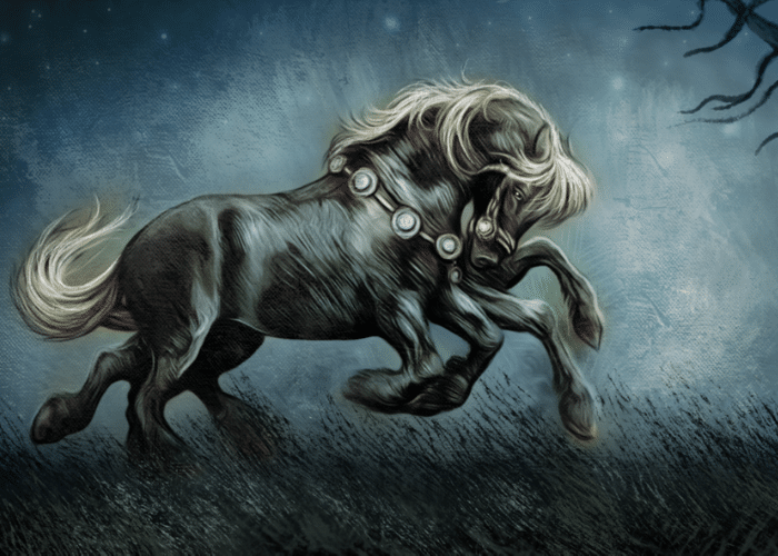 Painting of the mythical horse Sleipnir with its eight legs